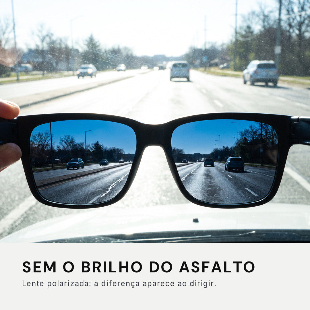 Comparação da lente polarizada: sem brilho do asfalto ao dirigir