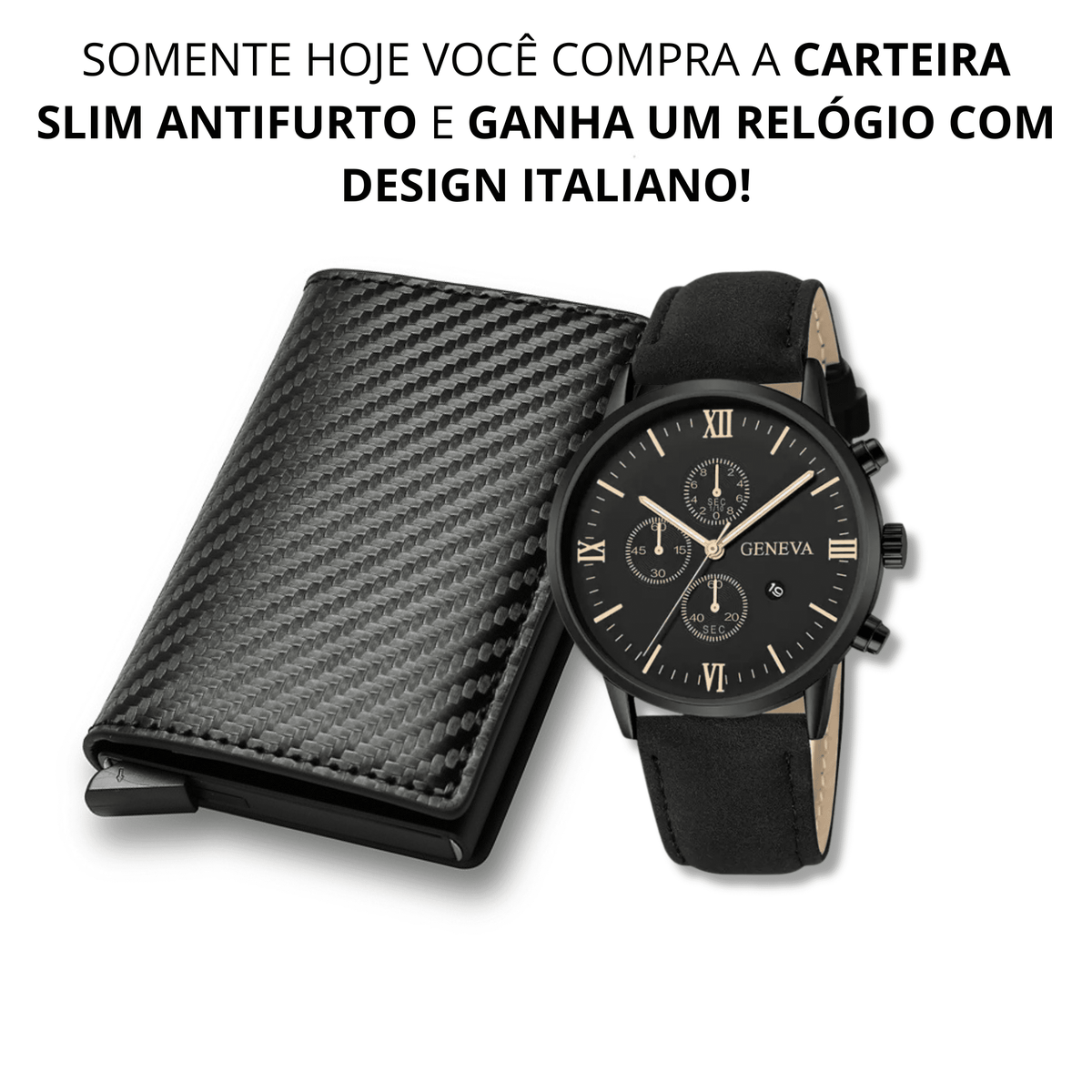 Carteira Slim Antifurto RFID Prime + Relógio Italiano
