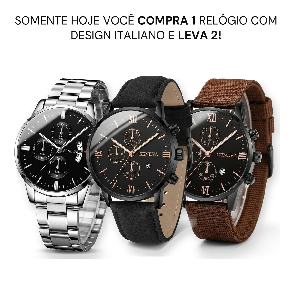Somente hoje você compra 1 relógio com design italiano e leva 2 — Relógios Protark preto, prata e marrom