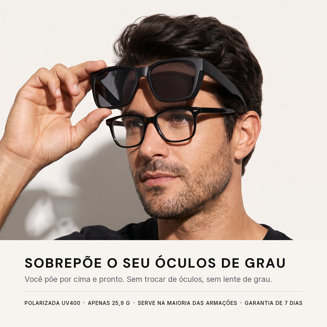 Homem colocando o óculos de sol Protark sobrepor por cima do óculos de grau
