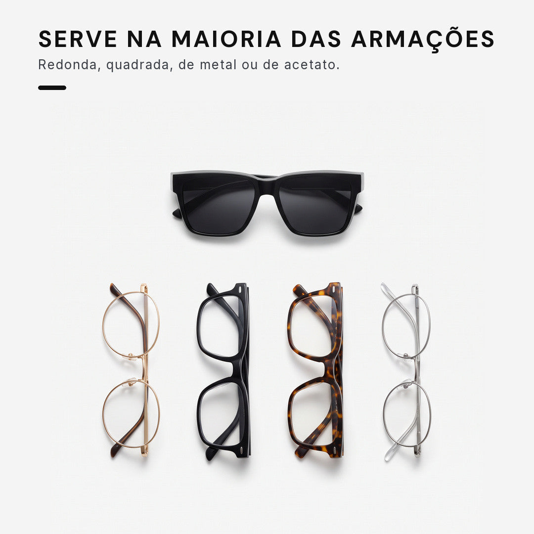 Óculos sobrepor serve em armações redondas, quadradas, de metal e acetato