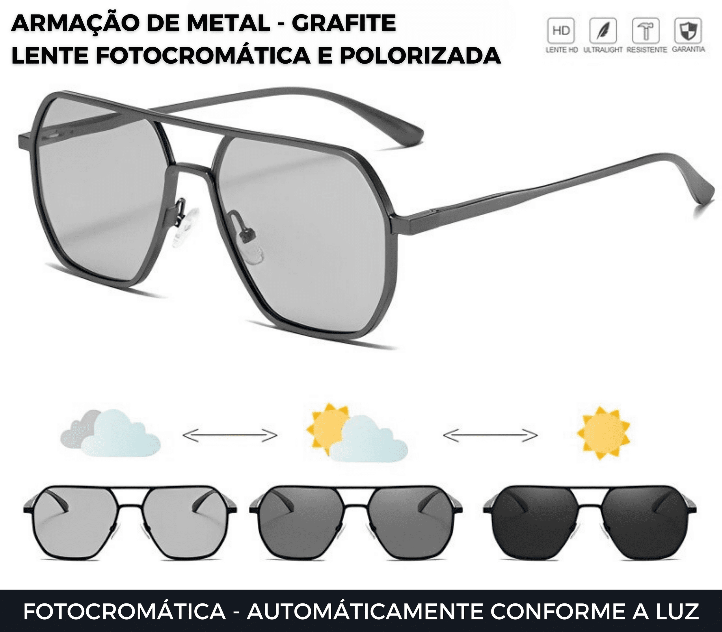 Óculos Fotocromático Polarizado Protark - Armação INOX