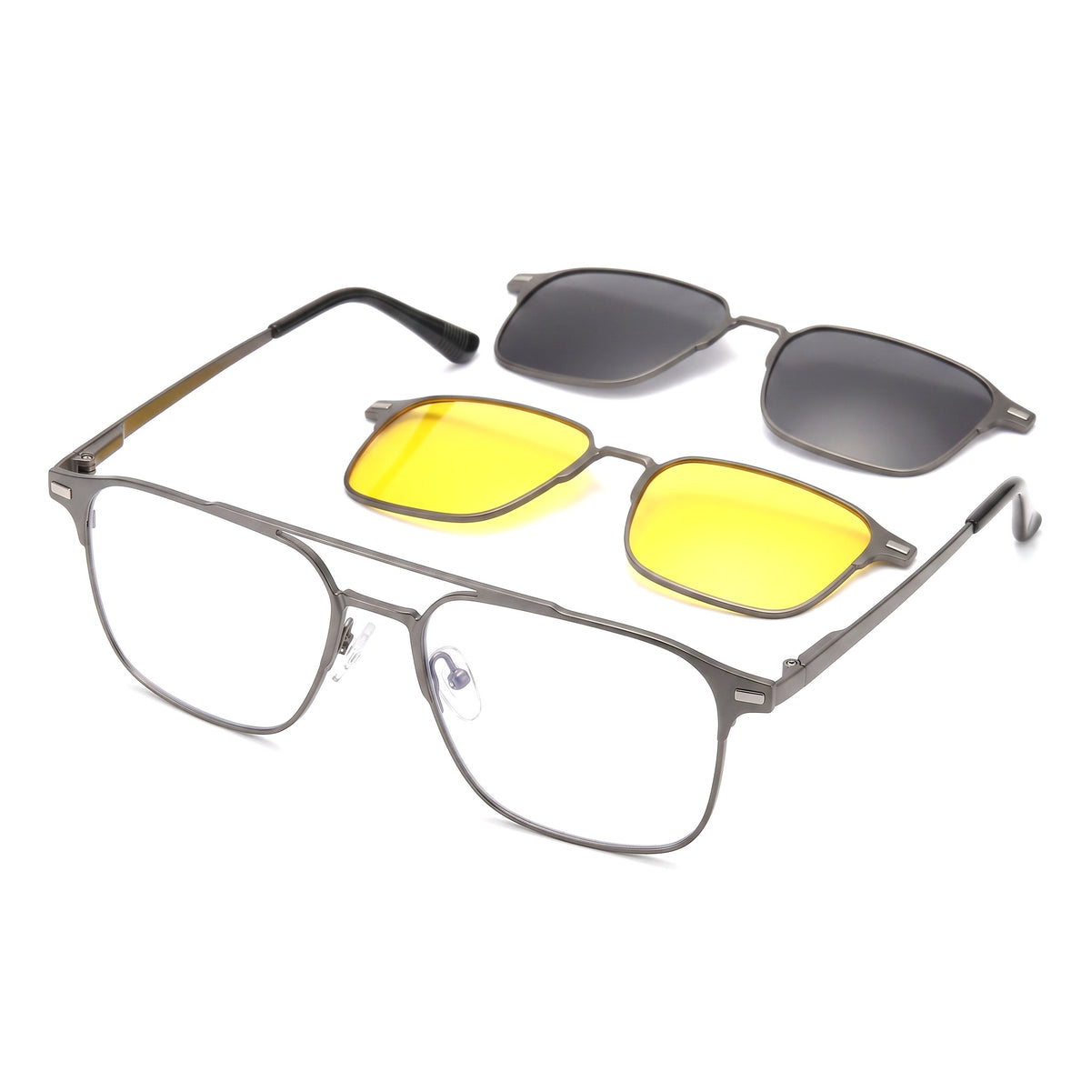 Óculos 3 em 1 Ciatto: armação aviador de aço inox com clip polarizado e clip amarelo, fundo branco
