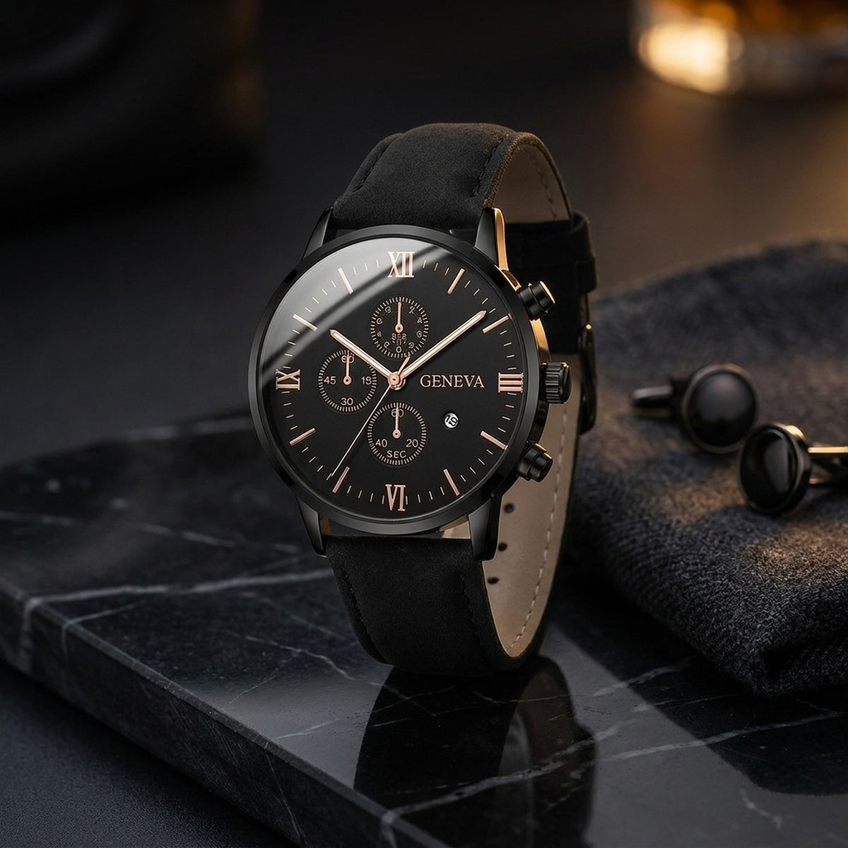 Relógio Protark Preto com pulseira de couro, sobre mármore
